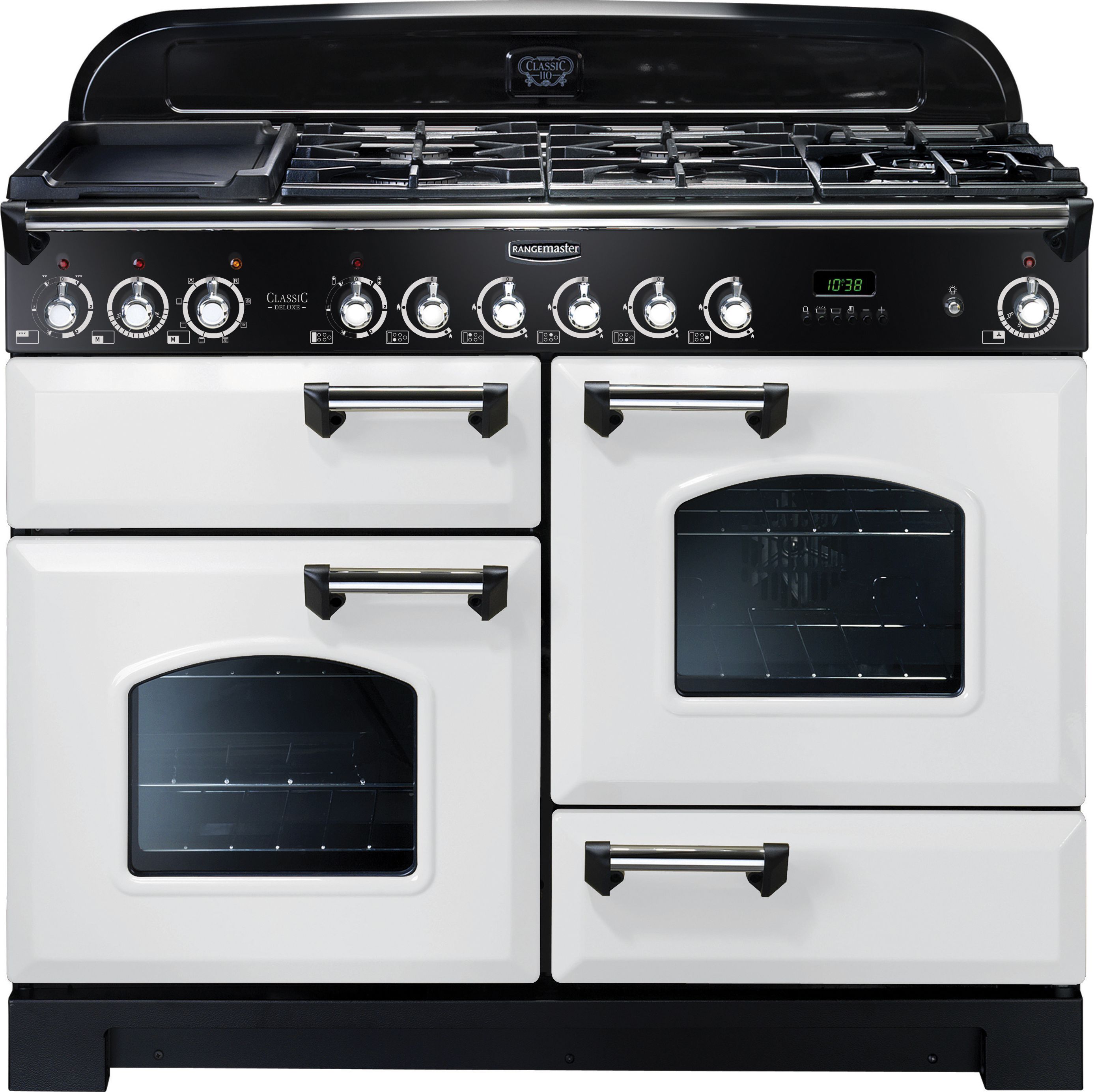 Rangemaster Classic Deluxe CDL110DFFWH/C 110cm Dual Fuel Range Cooker - White / Chrome - A/A Rated, White
