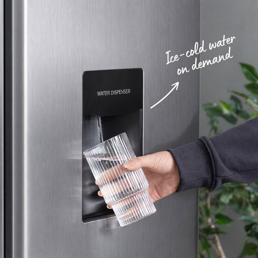 Russell Hobbs RH90AFF201SS-WD 177cm 70/30 Frost Free Fridge Freezer - Stainless Steel - Annotation - water dispenser shot