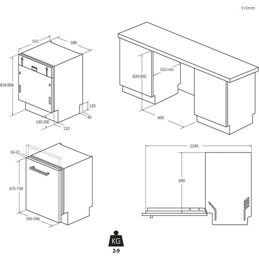 Hoover H-DISH 500 Fully Integrated Standard Dishwasher - Anthracite - annotation - dimension shot 