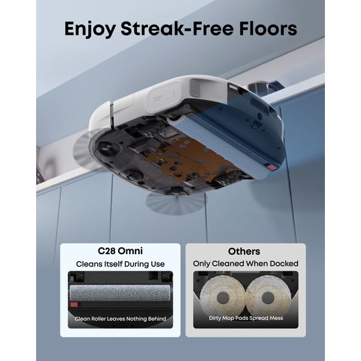 Eufy Omni C28 Robotic Vacuum Cleaner - White - annotation - streak free shot