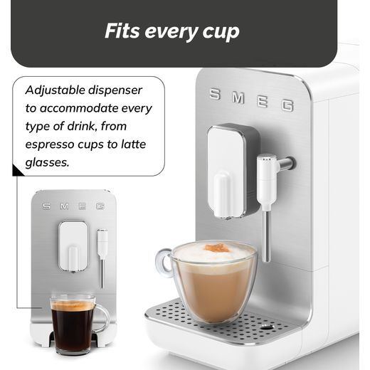 Smeg 50's Style BCC12WHMUK Bean to Cup Coffee Machine - Matte White - annotation - fits every cup