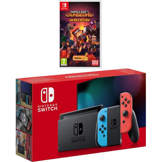 Nintendo Switch 32GB with Minecraft Dungeons - Neon Red/Blue