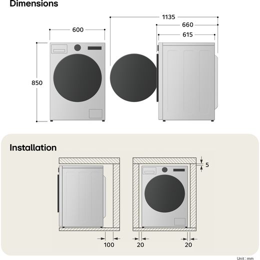 LG Series 4 AI Direct Drive™ F4Y513GBLN1 13kg Washing Machine with 1400 rpm - Slate Grey - Dimensions