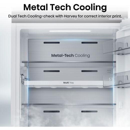 Hisense RB3B250SAWE1 177cm 70/30 Integrated Frost Free Fridge Freezer with Sliding Door Fixing Kit - White - Annotation - Metal tech cooling shot