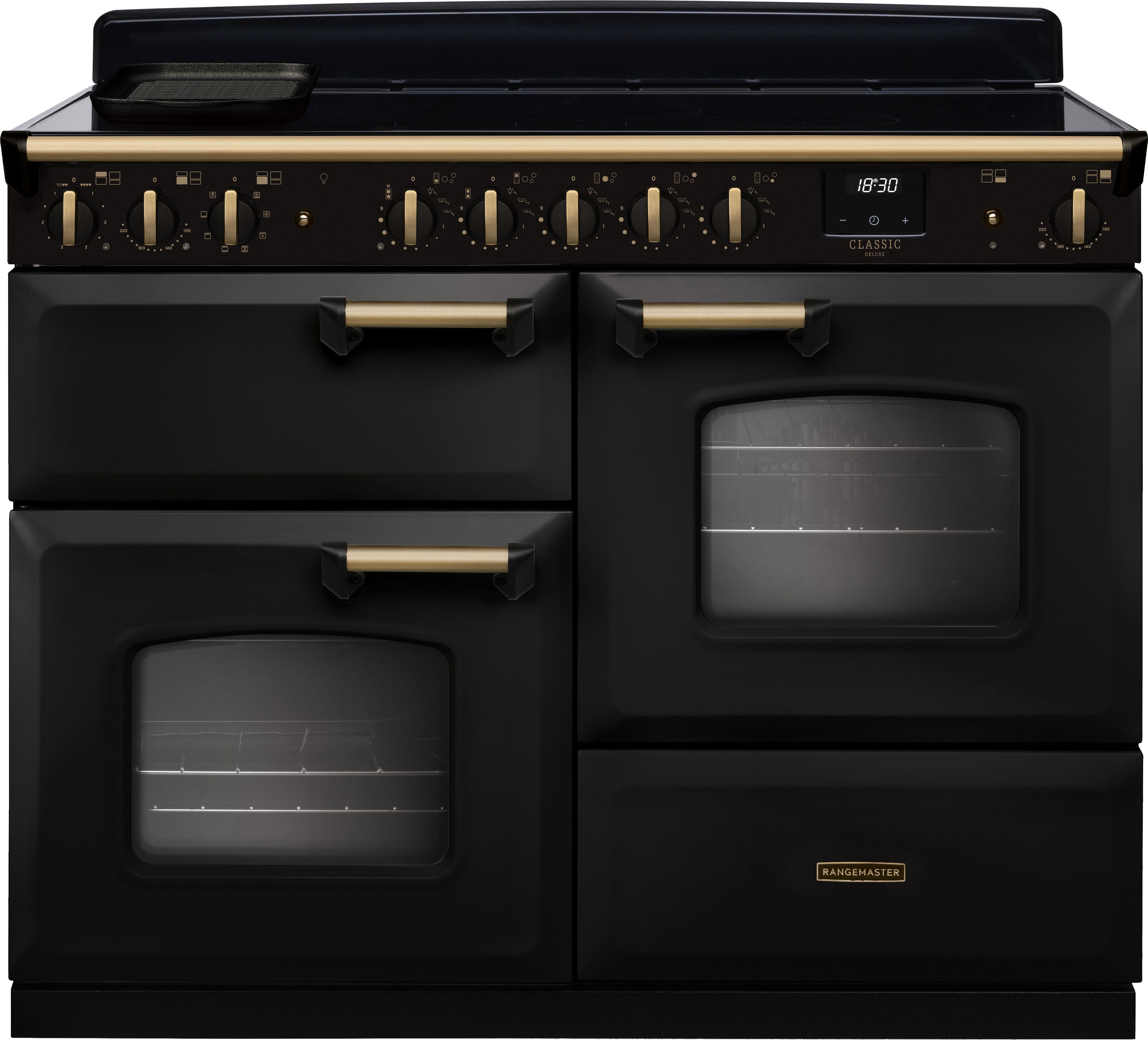 Image of Rangemaster Classic Deluxe OC CLDLO110EIPCBL/AB1 110cm wide Electric Range Cooker with Induction Hob - Charcoal Black / Antique Brass - A/A Rated, Black