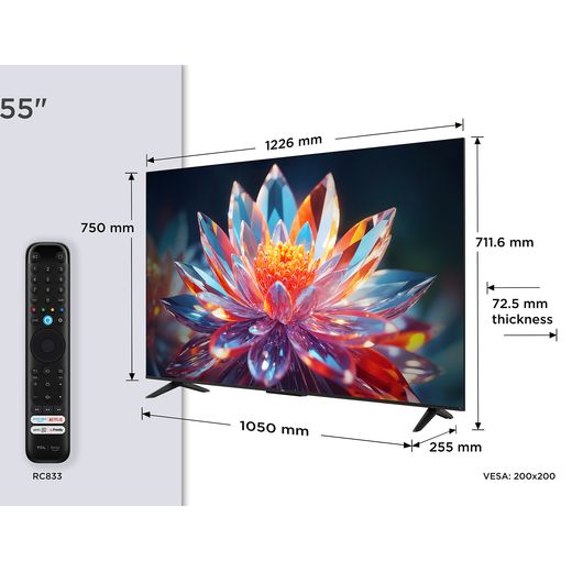 TCL T6C 55" 4K Ultra HD QLED Smart Fire TV - Annotation - Dimension shot 