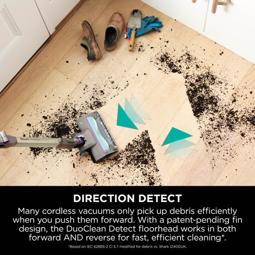 Shark PowerDetect Clean & Empty Cordless Vacuum Cleaner with up to 70 Minutes Run Time - White / Java Grey - Annotation - Direction detect