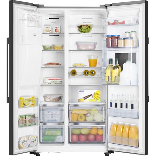 Hisense American Fridge Freezer - Black - Front with door open shot