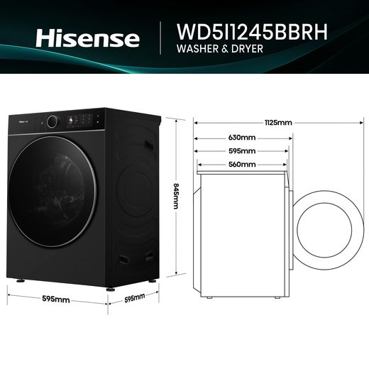 Hisense KitchenFit 5i Series WD5I1245BBRH Wifi Connected / 8Kg Washer Dryer with 1400 rpm - Black - Annotation - dimension shot 