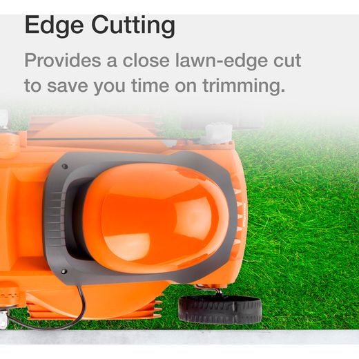 Flymo EasiStore 380R Corded Lawn Mower - Sunset Orange - annotation - edge cutting shot