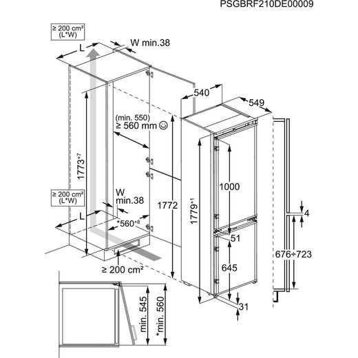 AEG 8000 Series TSC8M181CS 177cm 70/30 Integrated Frost Free Fridge Freezer - White - Annotation - Dimension shot