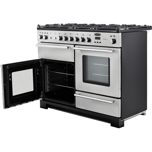 Rangemaster Toledo + 110cm Dual Fuel Range Cooker - Stainless Steel / Chrome - Bottom left door open