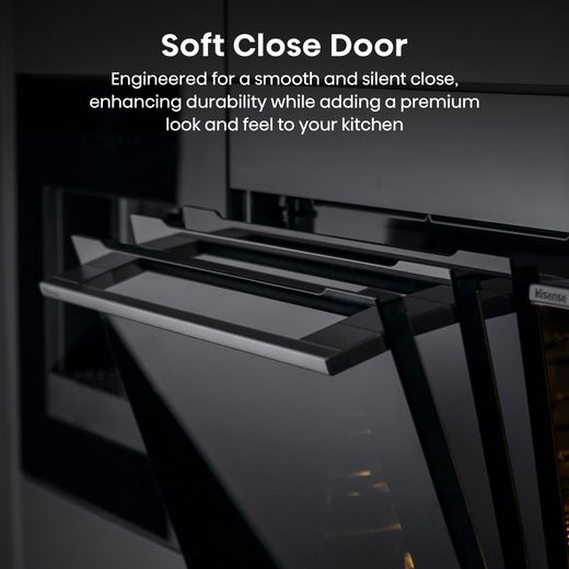 Hisense Hi8 BlackLine BIM4AH8UKWF Wifi Connected Built In Compact Electric Single Oven with Microwave Function - Jet Black - Annotation - Soft close door shot