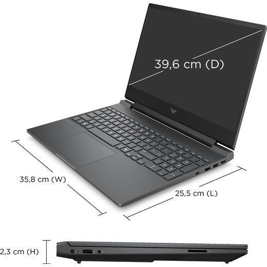 HP Victus 15-fa2300na 15.6" Laptop - NVIDIA® GeForce® RTX™ 4050, Intel® Core™ i5, 512GB SSD, 16 GB RAM - Black - Annotation - Dimension shot