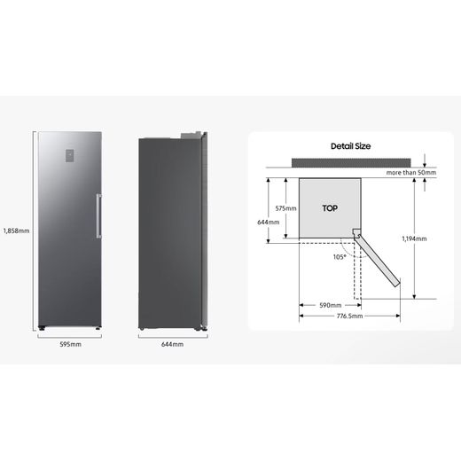 Samsung RI40 SpaceMax™ RZ70H32KDTEU 186cm Upright Freezer - Gentle Silver - Dimensions