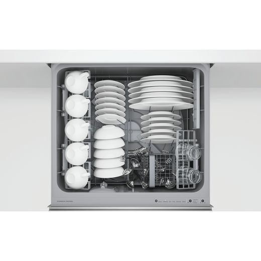 Dishwasher DishDrawer™ Double, 12 Place Settings, Stainless Steel, Recessed handle, WiFi, compatible with SmartHQ App - Top view of drawer with cutlery in
