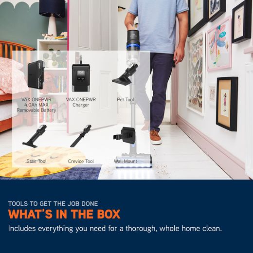 Vax HomePro Detect Pet Cordless Vacuum Cleaner with up to 45 Minutes Run Time - Blue / Graphite - Annotation - Whats in the box shot