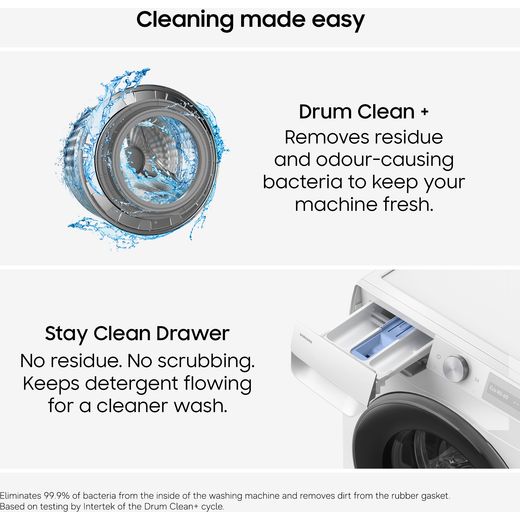 Samsung Series 5 AI Energy WW90CGC04DAE 9kg WiFi Connected Washing Machine with 1400 rpm - White - Annotation - Cleaning made easy