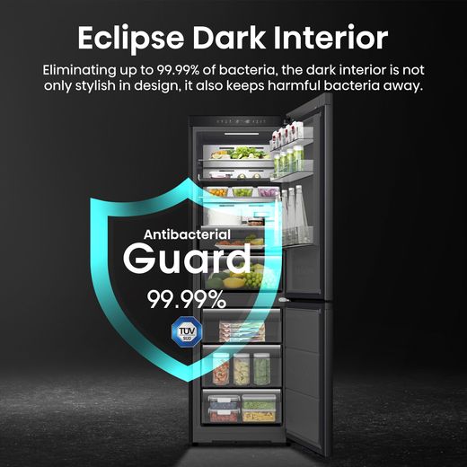 Hisense KitchenFit Eclipse Series 60/40 Total No Frost Fridge Freezer - Black / Stainless Steel - Annotation - Eclipse dark interior shot
