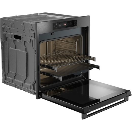 ASKO Craft Pyrolytic OTP66BSH Wifi Connected Built In Electric Single Oven - Black Steel - Right perpsective with door open shot