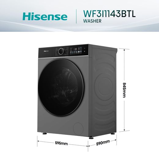 Hisense 3i KitchenFit Series WF3I1143BTL 11kg WiFi Connected Washing Machine with 1400 rpm - Titanium - annotation - dimensions shot 