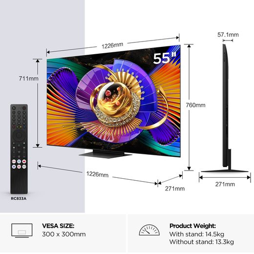 TCL 55" 4K Ultra HD SQD-Mini LED Smart Google TV - annotation - dimension shot 