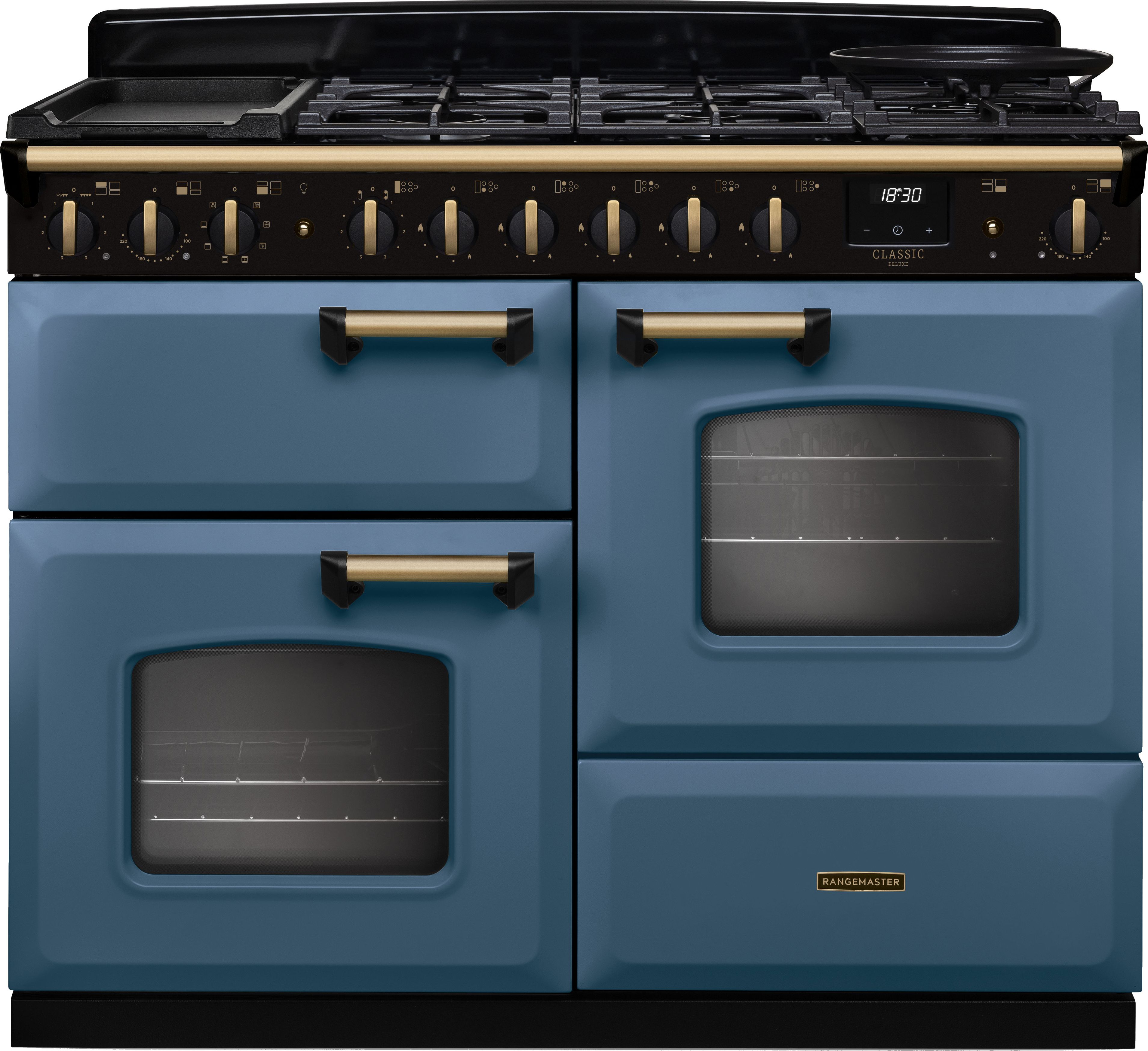 Image of Rangemaster Classic Deluxe 110 CLDLO110DFPSTB/AB1 110cm wide Dual Fuel Range Cooker with Gas Hob - Stone Blue / Chrome - A Rated, Blue
