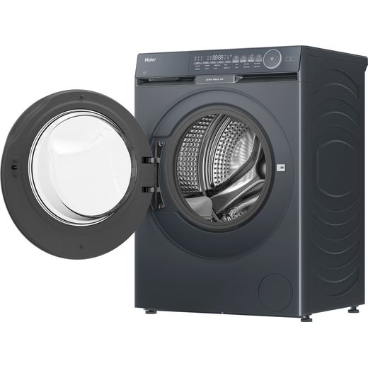 Haier X9 HW120-B14387GUUK 12kg Washing Machine with 1400 rpm - Graphite - left perspective with door open shot 
