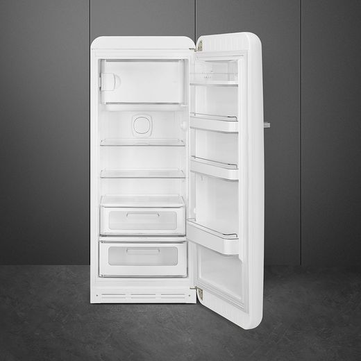 Smeg Right Hand Hinge FAB28RWH6UK 153cm High Small Fridge with Ice Box - White - Fridge with door open shot