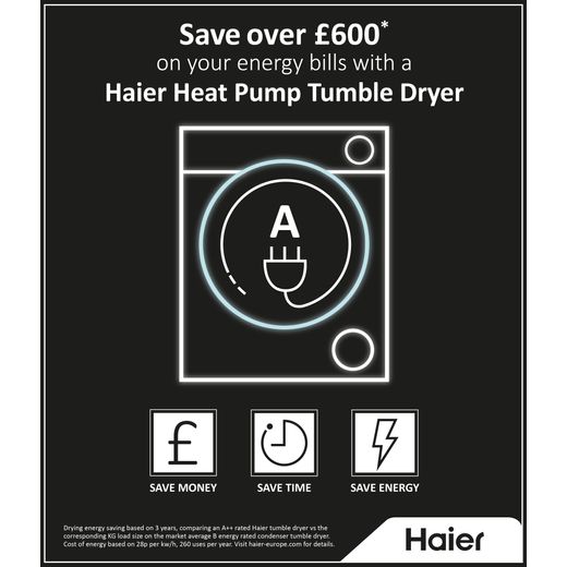 Haier Series 4 HDBIH7A2TBEX Integrated 7Kg Heat Pump Tumble Dryer - White  - Annotation - Save over shot