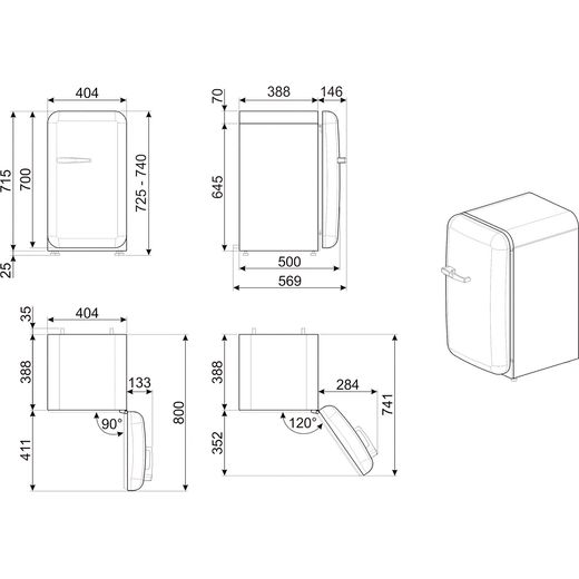 Smeg 50s Style Right Hand Hinged Minibar FAB5RPK6 72cm High Fridge - Pink - Annotation - Dimension shot