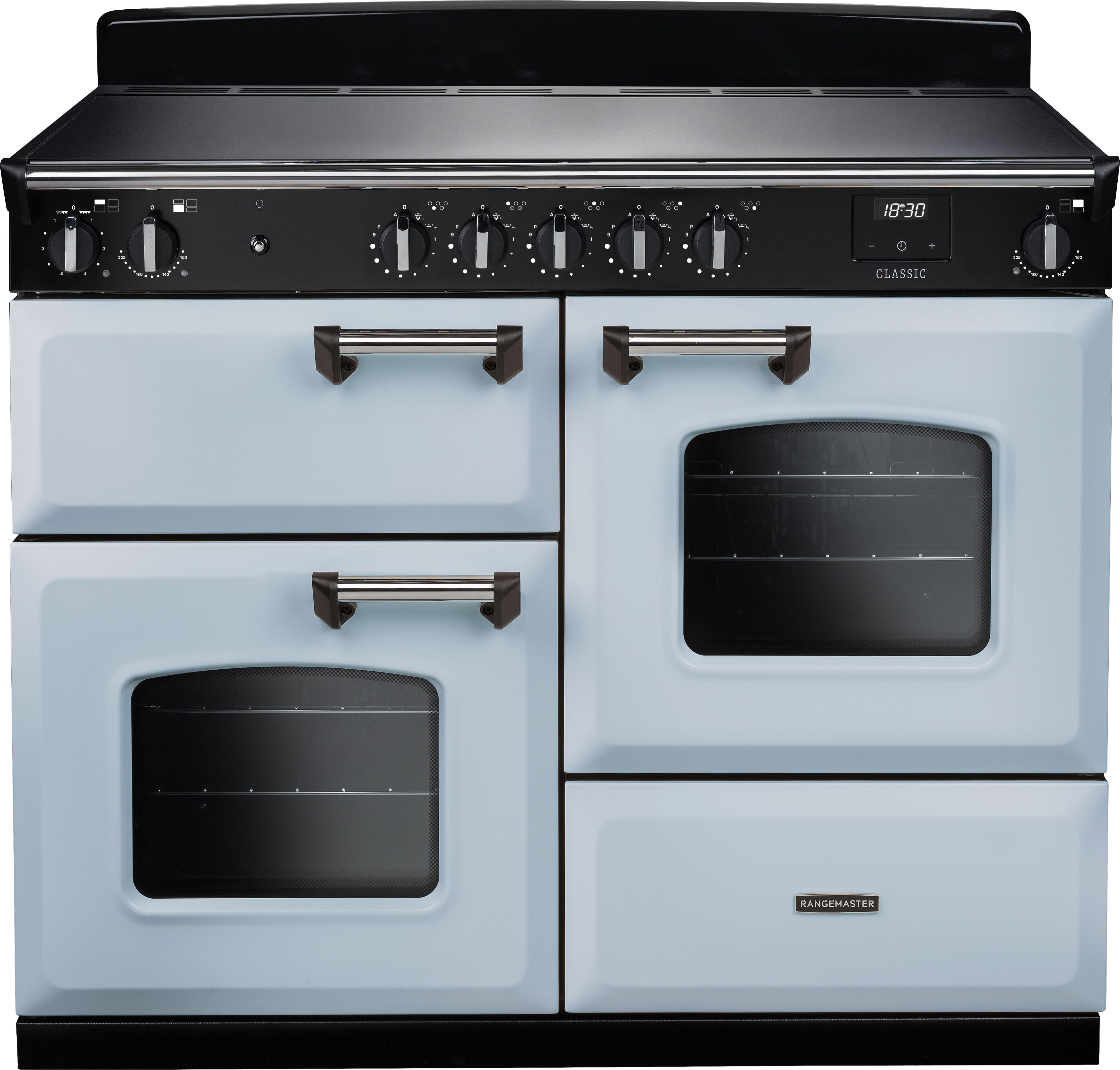 Image of Rangemaster Classic 110 Induction CLO110EIPMSB/CM1 110cm wide Electric Range Cooker with Zone induction hob Hob - Misty Blue / Chrome - A Rated, Blue