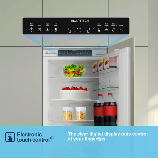 Fridgemaster MBC55252NE 177cm 70/30 Integrated No Frost Fridge Freezer with Sliding Door Fixing Kit - White - Annotation - Electronic touch control