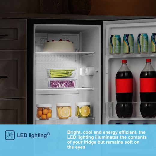 Fridgemaster MUL4892EB Compact 84cm Fridge - Black - Annotation - LED lighting shot