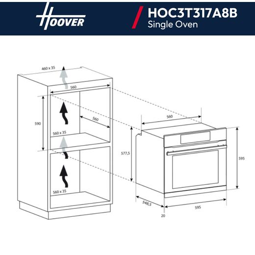 Hoover H-OVEN 300 HOC3T317A8B Built In Electric Single Oven - Black - Annotation - dimension shot 