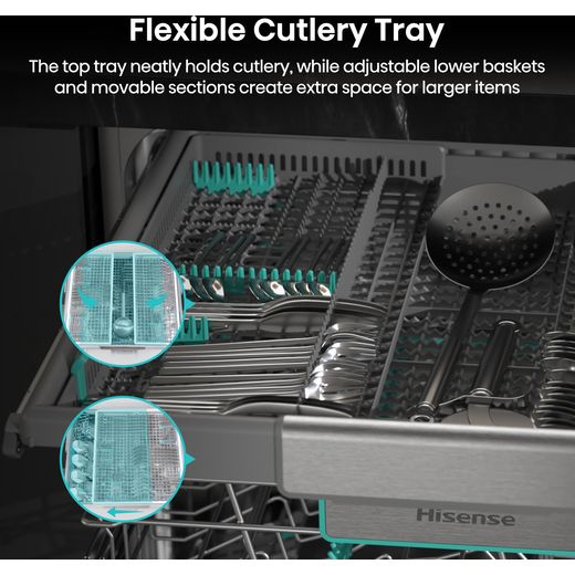 Hisense Auto Dose Standard Dishwasher - Stainless Steel - Annotation - Flexible cutlery tray