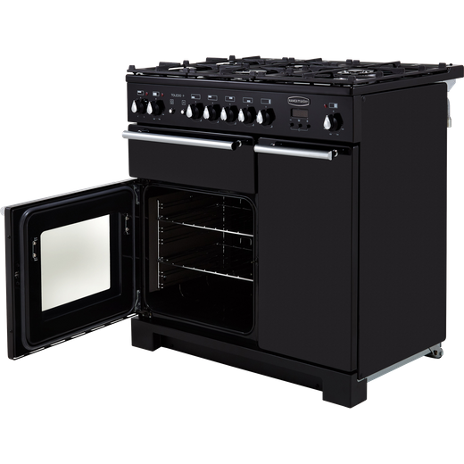 Rangemaster Toledo + 90cm Dual Fuel Range Cooker - Black / Chrome - Bottom left door open