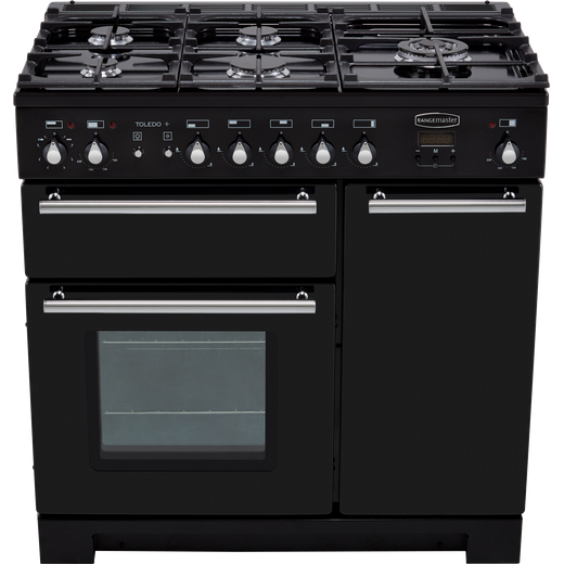 Rangemaster Toledo + 90cm Dual Fuel Range Cooker - Black / Chrome - Front top perspective