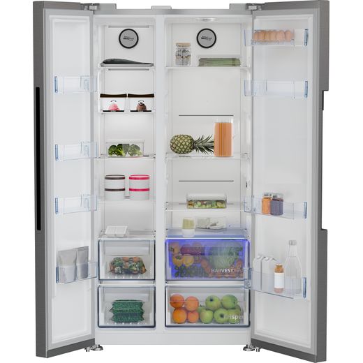 Beko HarvestFresh™ American Fridge Freezer - Stainless Steel Effect - Doors open and blue Harvest Fresh light
