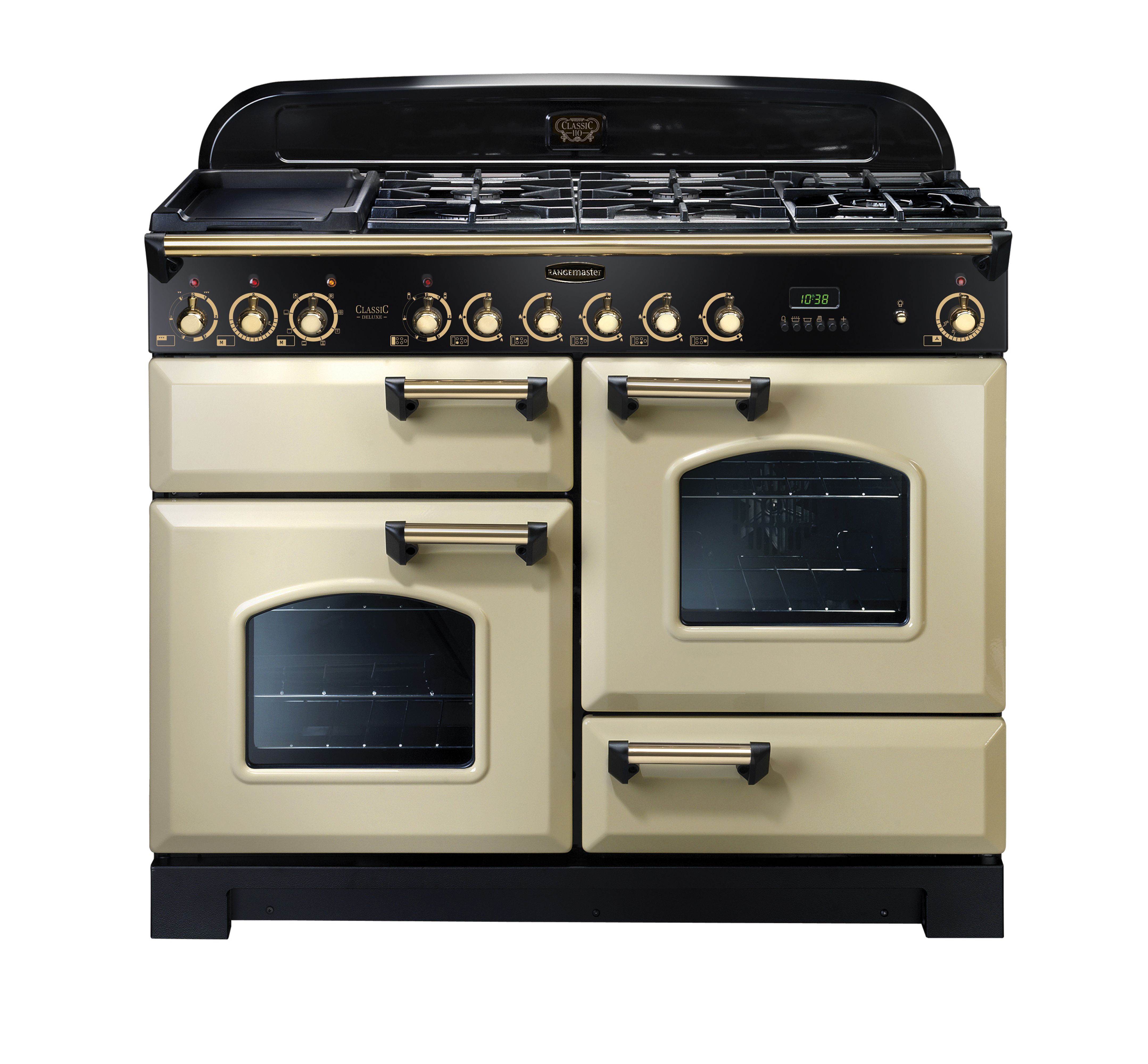 Rangemaster Classic Deluxe CDL110DFFCR/B 110cm Dual Fuel Range Cooker - Cream / Brass - A/A Rated, Cream