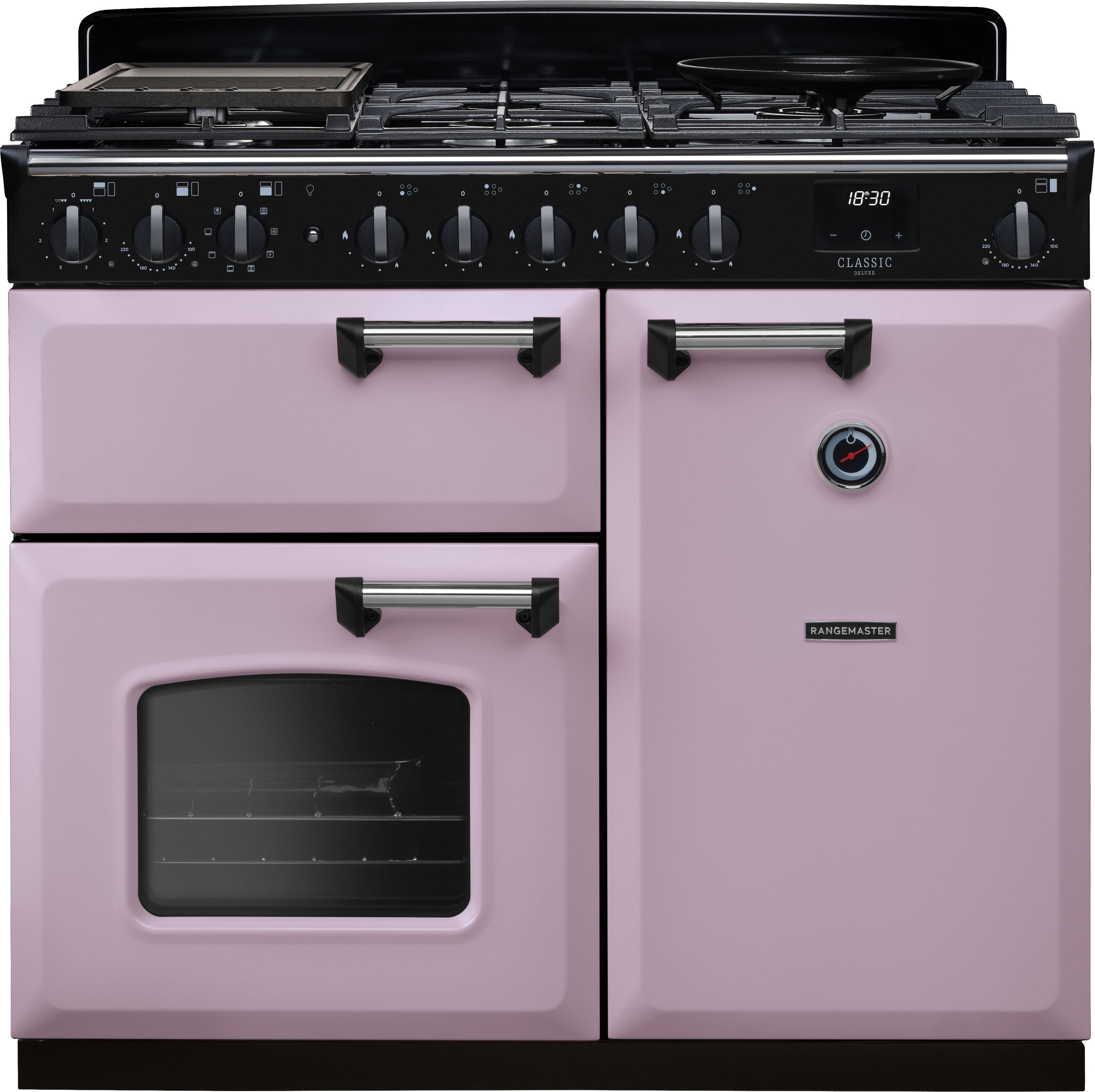 Image of Rangemaster Classic Deluxe 100 Dual Fuel CLDL100DFPHTH/CM1 100cm wide Dual Fuel Range Cooker with Gas Hob - Heather / Chrome - A Rated, Purple