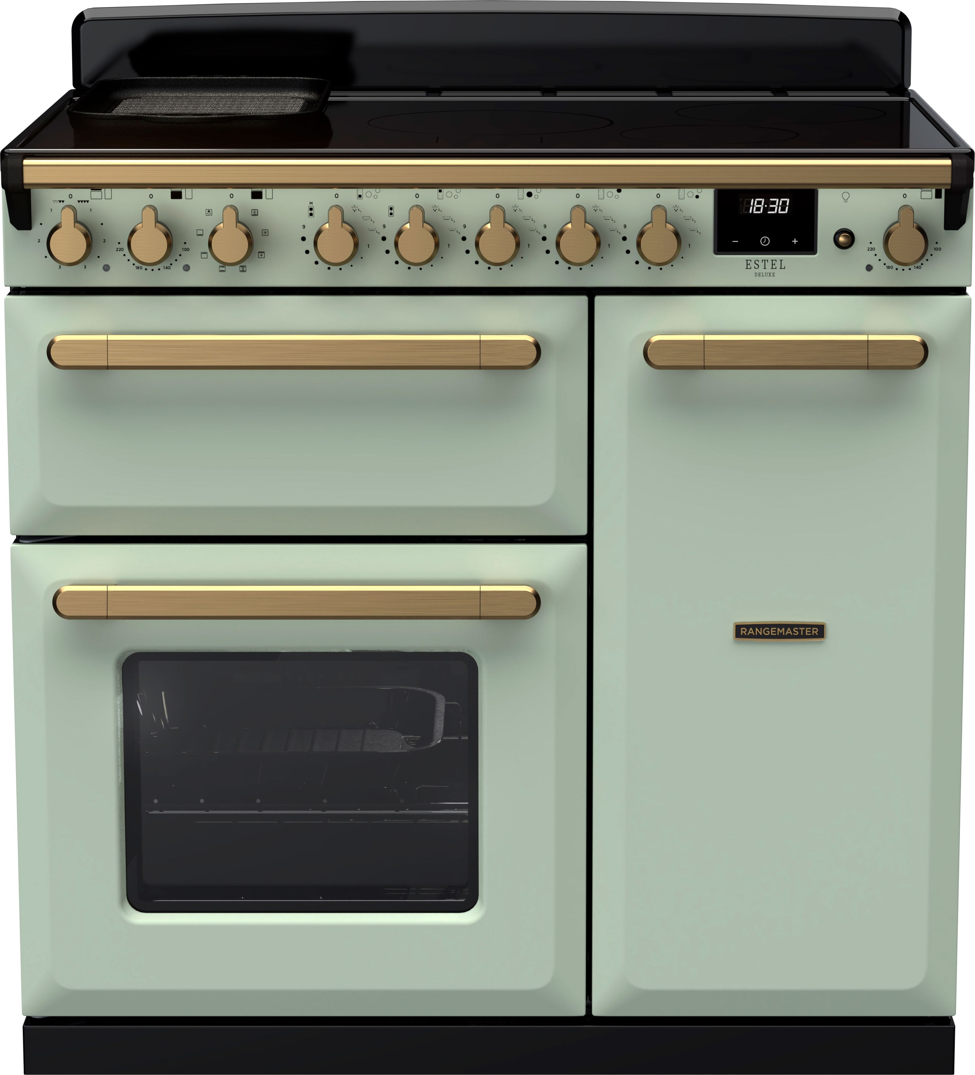 Image of Rangemaster Estel Deluxe ESDL90EIPMNT/AB1 90cm wide Electric Range Cooker with Induction Hob - Mint / Antique Brass - A/A Rated, Green