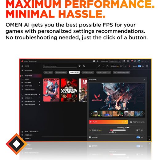 HP OMEN 16L TG03-0007na Gaming PC - NVIDIA® GeForce RTX™ 5060, AMD Ryzen™ 5, 1TB SSD - Black - Annotation - Max performance shot