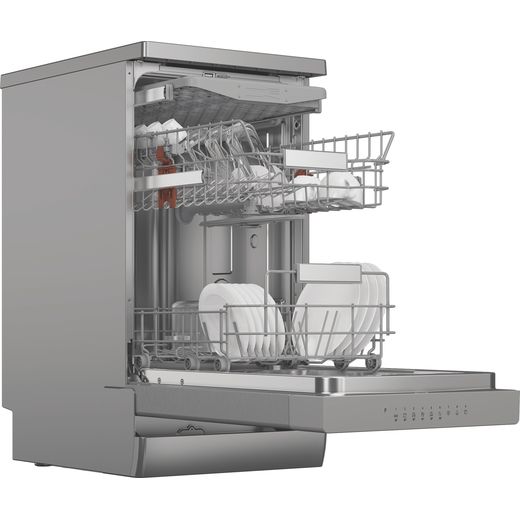Hotpoint Slimline Dishwasher - Stainless Steel - Door open and racks out