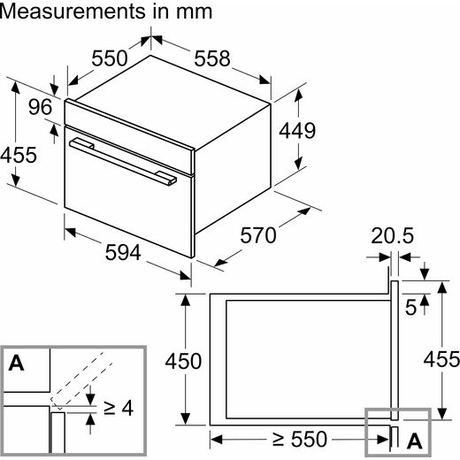 Siemens CM585AGS1B 45cm High, Built In MW-Combi - Stainless Steel - Dimensions