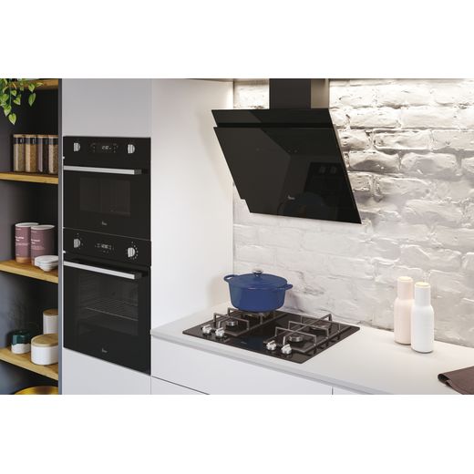 Hoover HDG6DCH3B Ceiling Cooker Hood Black Glass - lifestyle - right angled shot of cooker hood in kitchen above hob
