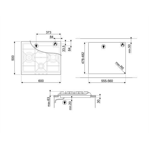 Smeg Cucina SR60GHS 60cm Gas Hob - Stainless Steel - Dimensions
