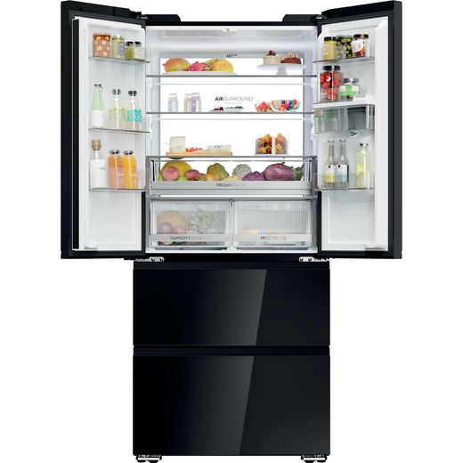 Haier French Series 7 American Fridge Freezer - Obsidian Glass - Door open