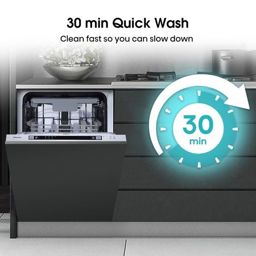 Hisense Fully Integrated Slimline Dishwasher - Silver Control Panel - Annotation - 30 minute Quick Wash