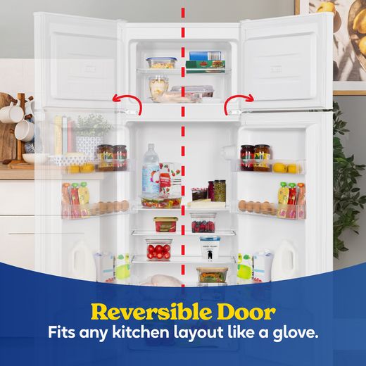 Russell Hobbs RH143TMFF542E1W 143cm 80/20 Small Fridge Freezer - White - Annotation - reversible door shot